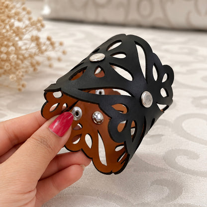 Leather Statement Cutwork Reversible Cuff Bracelet - Black and Camel