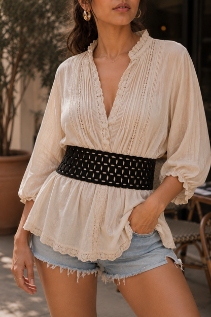 Leather Geometric Cutwork Reversible Wide Waist Belt - Black and Camel