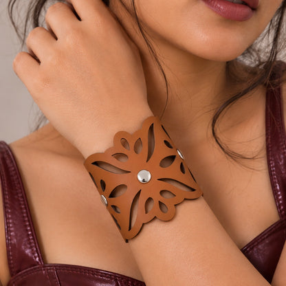 Leather Statement Cutwork Reversible Cuff Bracelet - Black and Camel