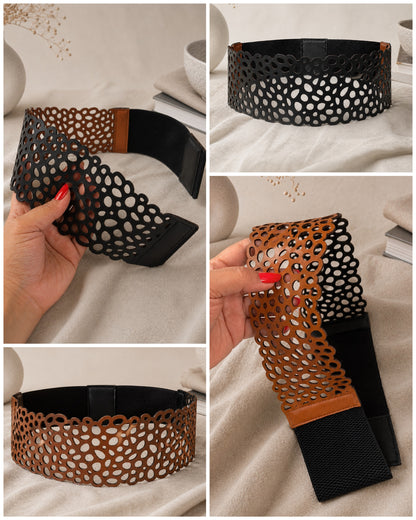Leather Contemporary Cutwork Reversible Wide Waist Belt - Black and Camel