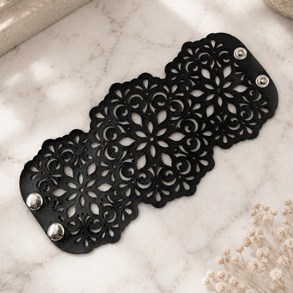 Leather Statement Cutwork Reversible Cuff Bracelet - Black and Camel