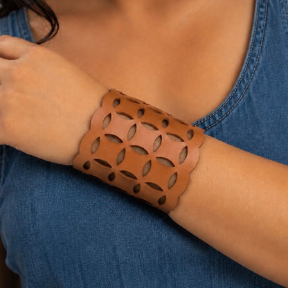 Leather Statement Cutwork Reversible Cuff Bracelet - Black and Camel