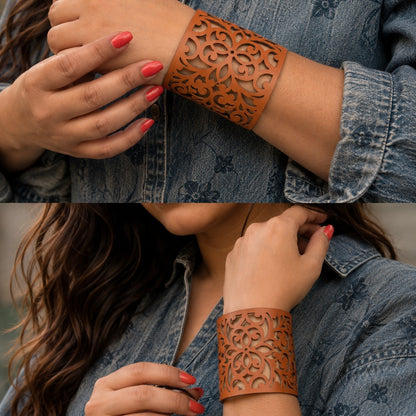 Leather Statement Cutwork Reversible Cuff Bracelet - Black and Camel