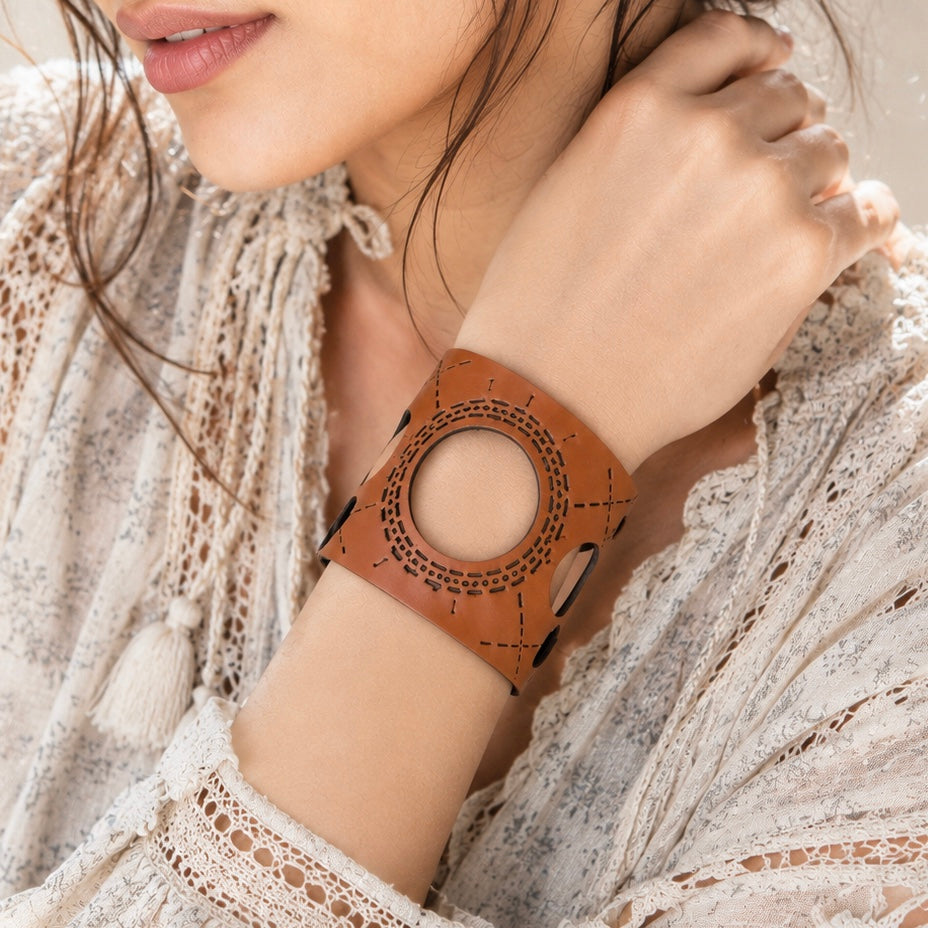Leather Statement Cutwork Reversible Cuff Bracelet - Black and Camel