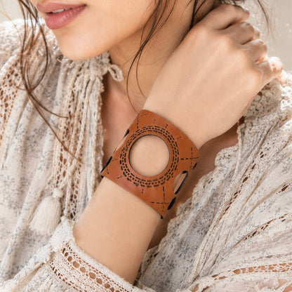 Leather Statement Cutwork Reversible Cuff Bracelet - Black and Camel