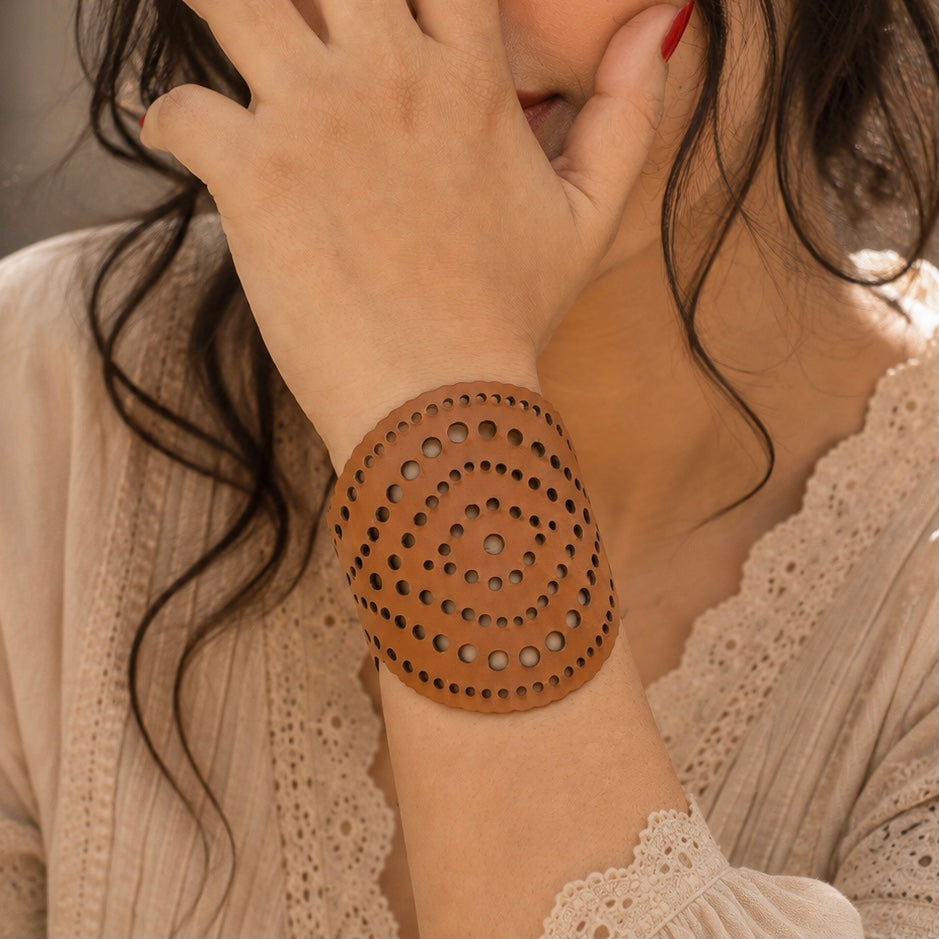 Leather Statement Cutwork Reversible Cuff Bracelet - Black and Camel