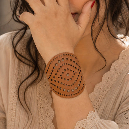 Leather Statement Cutwork Reversible Cuff Bracelet - Black and Camel
