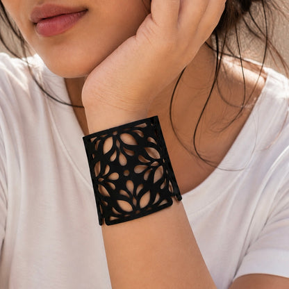 Leather Statement Cutwork Reversible Cuff Bracelet - Black and Camel