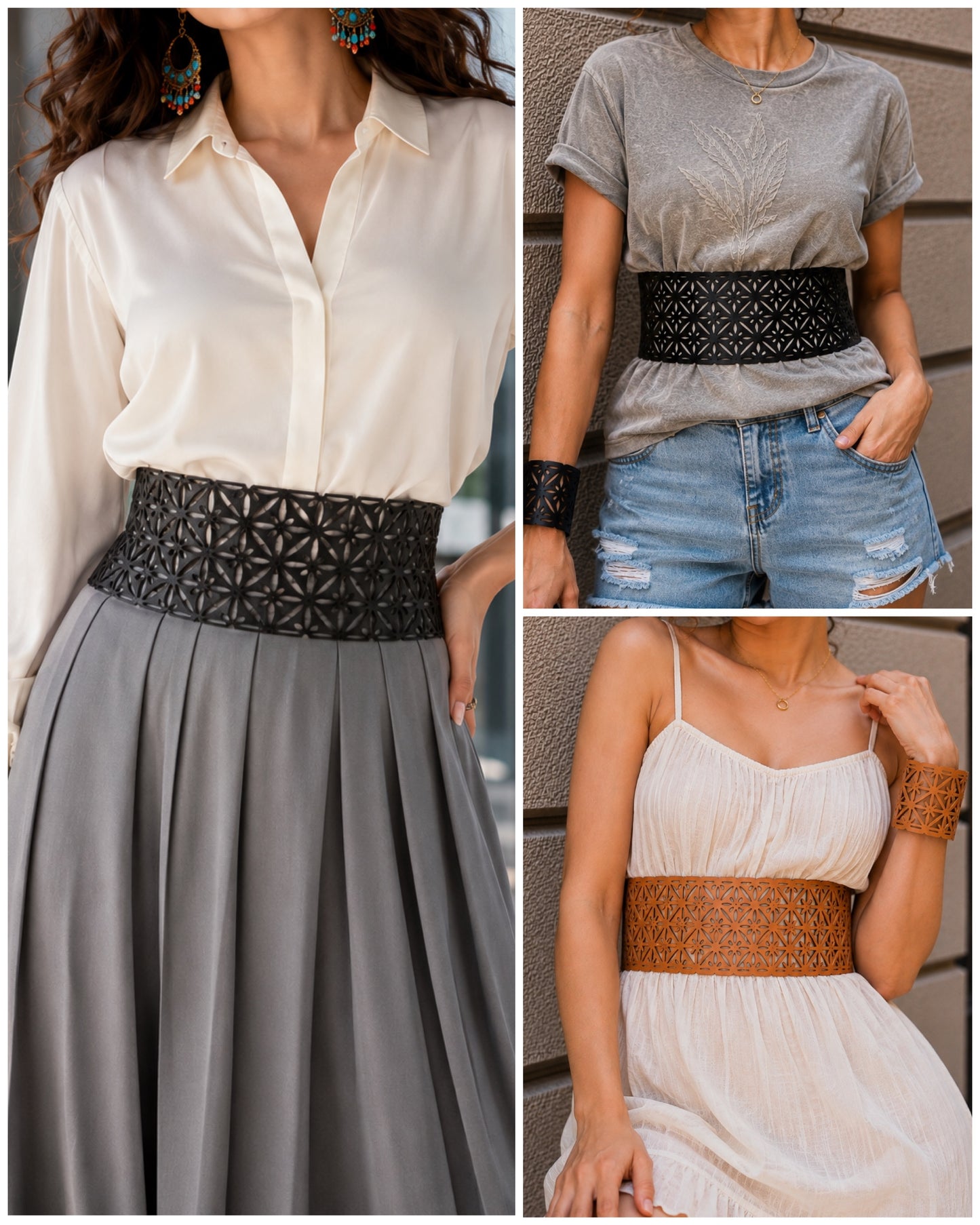 Leather Chic Cutwork Reversible Wide Waist Belt - Black and Camel