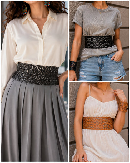 Leather Chic Cutwork Reversible Wide Waist Belt - Black and Camel