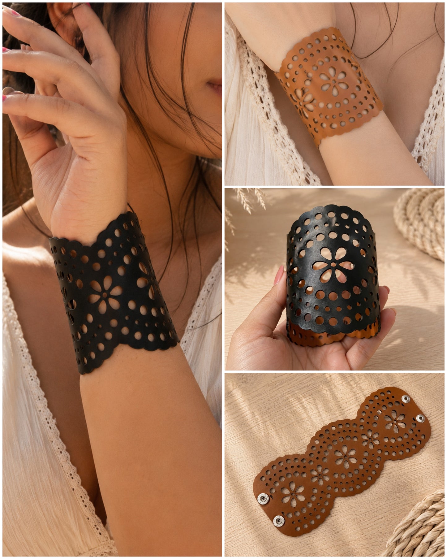 Leather Statement Cutwork Reversible Cuff Bracelet - Black and Camel
