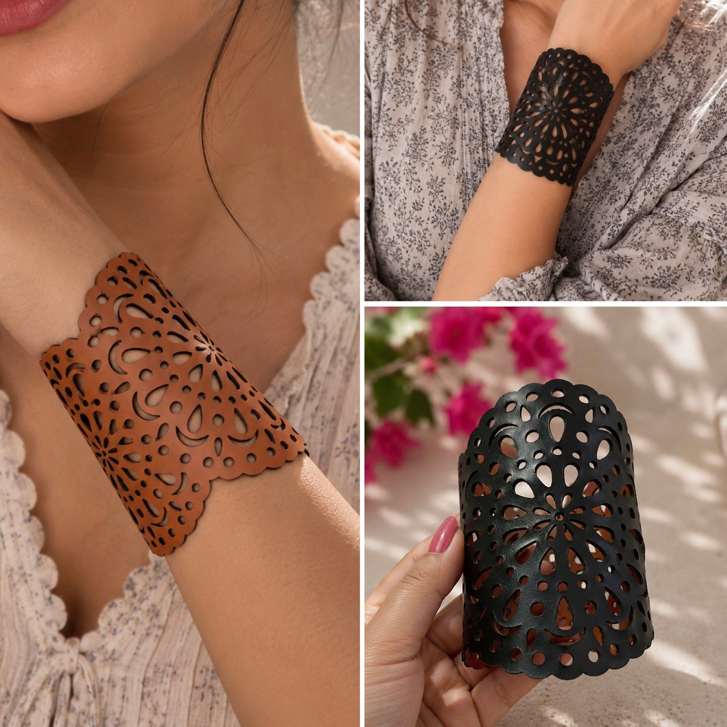 Leather Statement Cutwork Reversible Cuff Bracelet - Black and Camel
