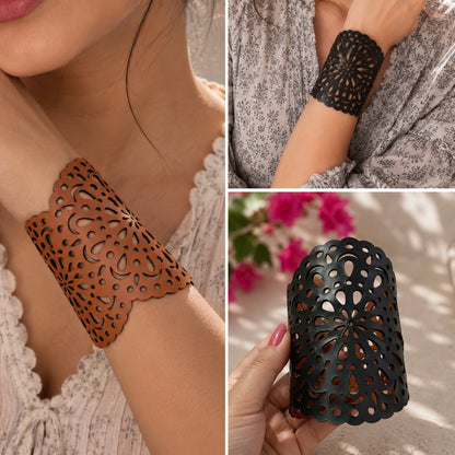 Leather Statement Cutwork Reversible Cuff Bracelet - Black and Camel