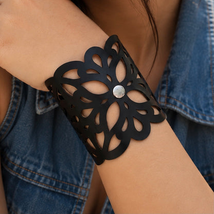 Leather Statement Cutwork Reversible Cuff Bracelet - Black and Camel