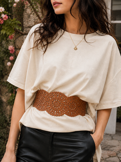 Leather Intricate Cutwork Reversible Wide Waist Belt - Black and Camel