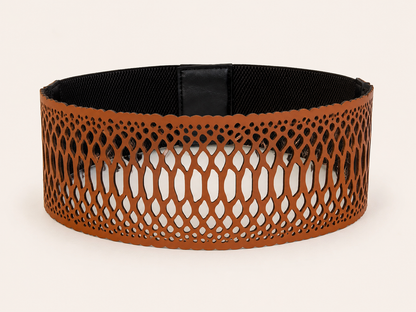 Leather snakeskin Cutwork Reversible Wide Waist Belt - Black and Camel