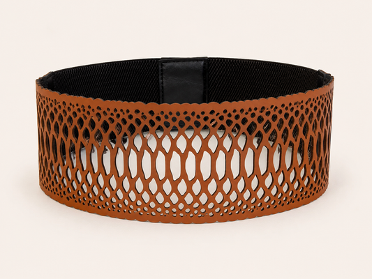 Leather snakeskin Cutwork Reversible Wide Waist Belt - Black and Camel