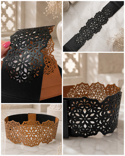 Leather Delicate Cutwork Reversible Wide Waist Belt - Black and Camel