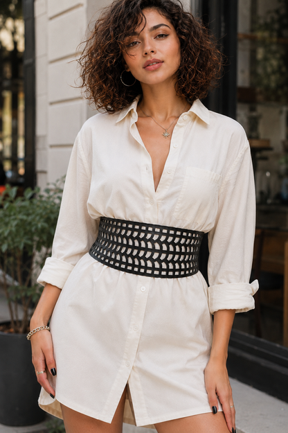 Leather Cutwork Reversible Biker Wide Waist Belt - Black and Camel