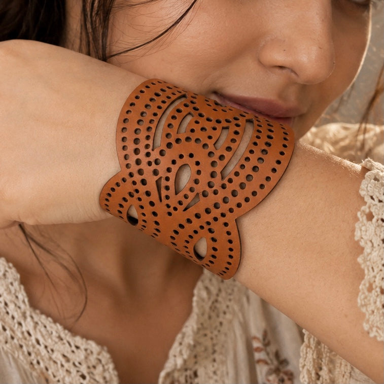 Leather Statement Cutwork Reversible Cuff Bracelet - Black and Camel