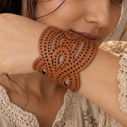 Leather Statement Cutwork Reversible Cuff Bracelet - Black and Camel