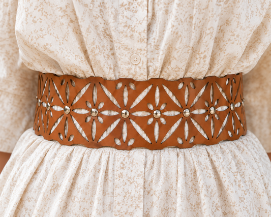 Leather Cutwork Reversible Bold Wide Waist Belt with Rivets - Black and Camel