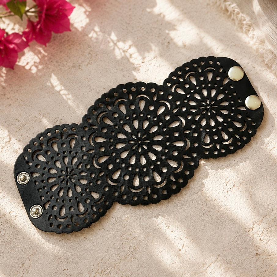 Leather Statement Cutwork Reversible Cuff Bracelet - Black and Camel