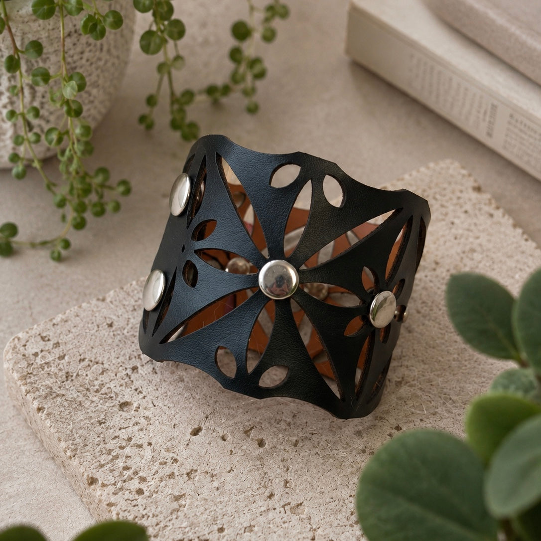 Leather Statement Cutwork Reversible Cuff Bracelet - Black and Camel