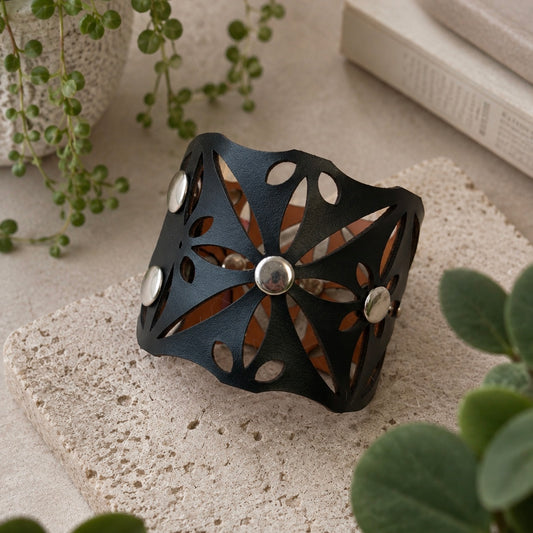 Leather Statement Cutwork Reversible Cuff Bracelet - Black and Camel