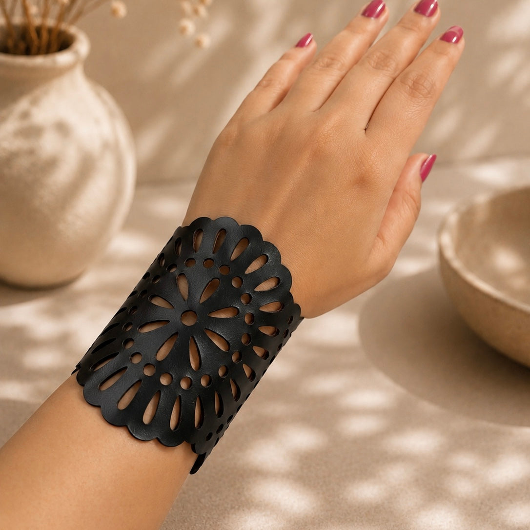 Leather Statement Cutwork Reversible Cuff Bracelet - Black and Camel