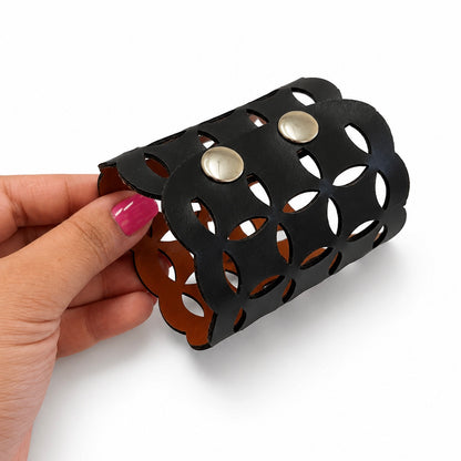 Leather Statement Cutwork Reversible Cuff Bracelet - Black and Camel