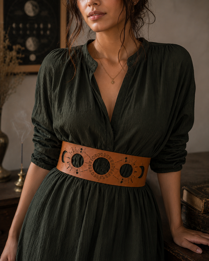 Leather Cutwork Reversible Wide Moon Waist Belt - Black and Camel