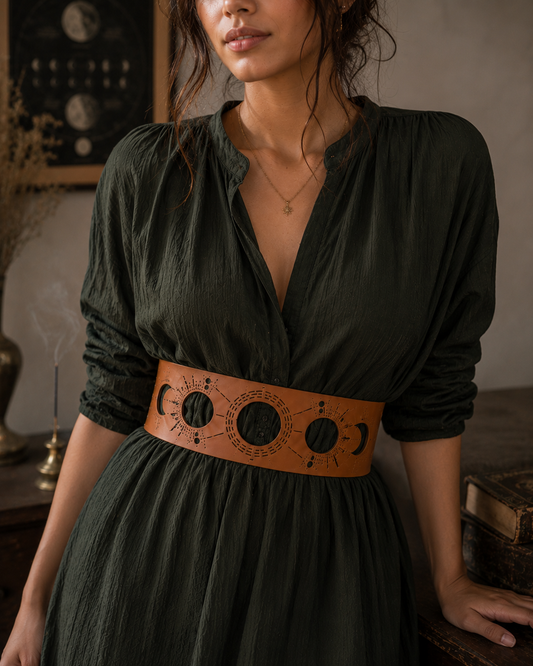 Leather Cutwork Reversible Wide Moon Waist Belt - Black and Camel