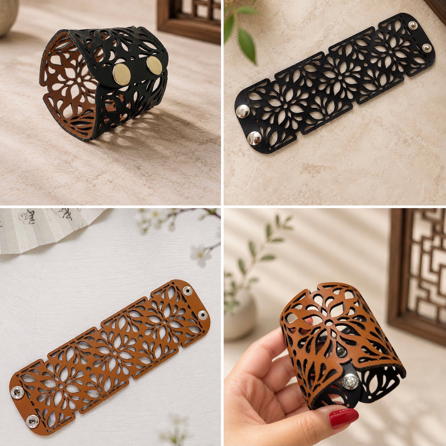 Leather Statement Cutwork Reversible Cuff Bracelet - Black and Camel