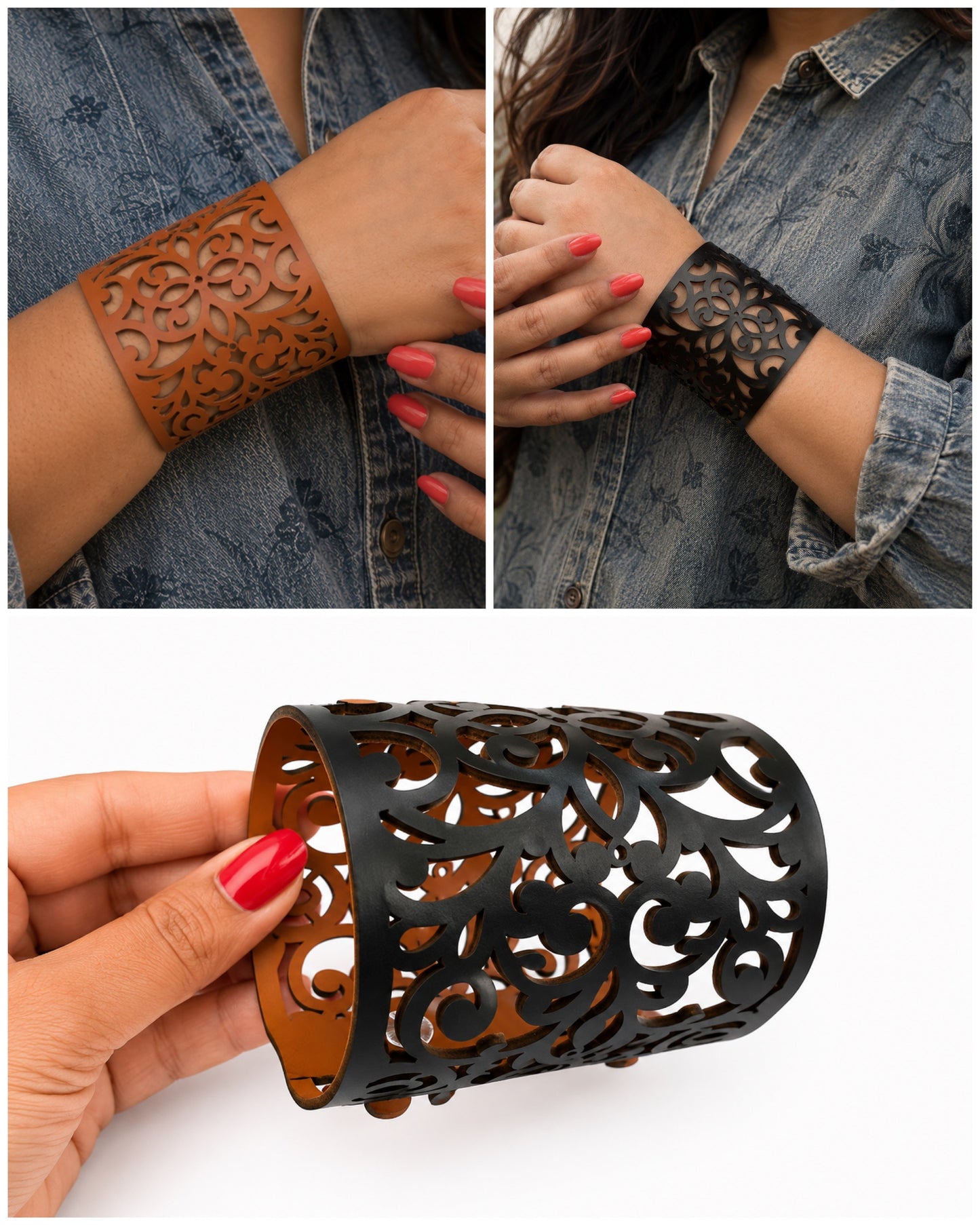 Leather Statement Cutwork Reversible Cuff Bracelet - Black and Camel