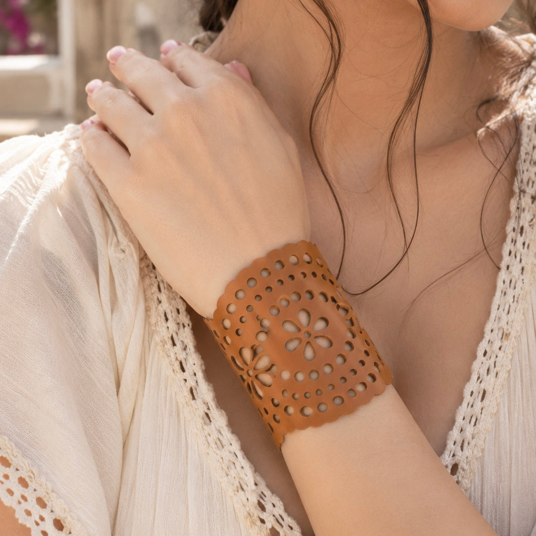 Leather Statement Cutwork Reversible Cuff Bracelet - Black and Camel