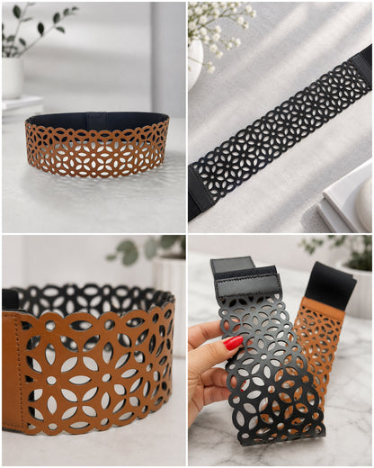 Leather Cutwork Reversible Smart Wide Waist Belt - Black and Camel