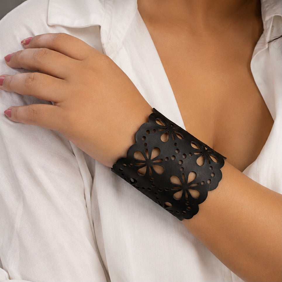 Leather Statement Cutwork Reversible Cuff Bracelet - Black and Camel
