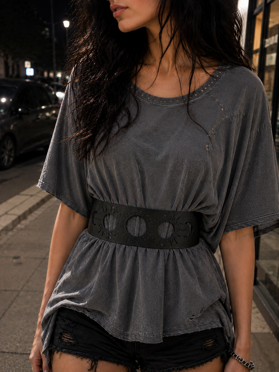 Leather Cutwork Reversible Wide Moon Waist Belt - Black and Camel