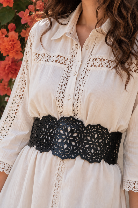 Leather Delicate Cutwork Reversible Wide Waist Belt - Black and Camel