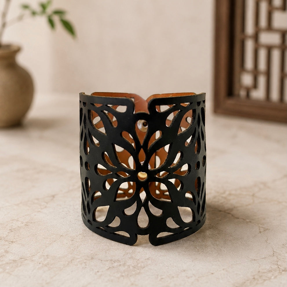 Leather Statement Cutwork Reversible Cuff Bracelet - Black and Camel