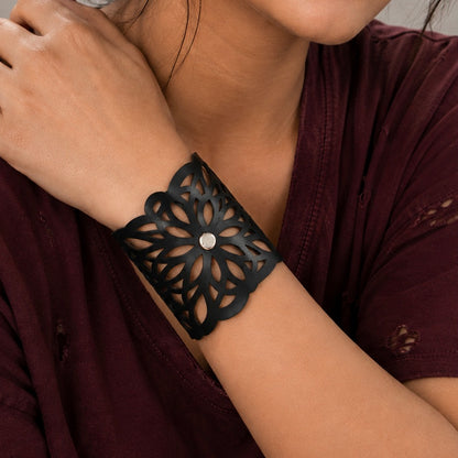 Leather Statement Cutwork Reversible Cuff Bracelet - Black and Camel
