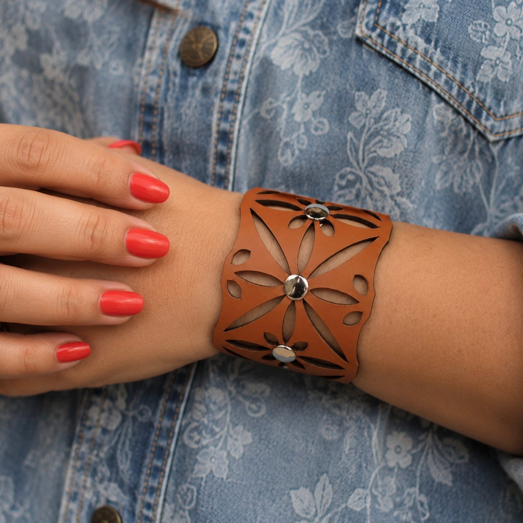 Leather Statement Cutwork Reversible Cuff Bracelet - Black and Camel