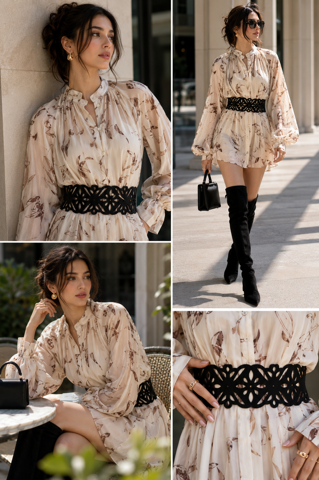 Leather Cutwork Reversible Wide Waist Belt with Rivets - Black and Camel