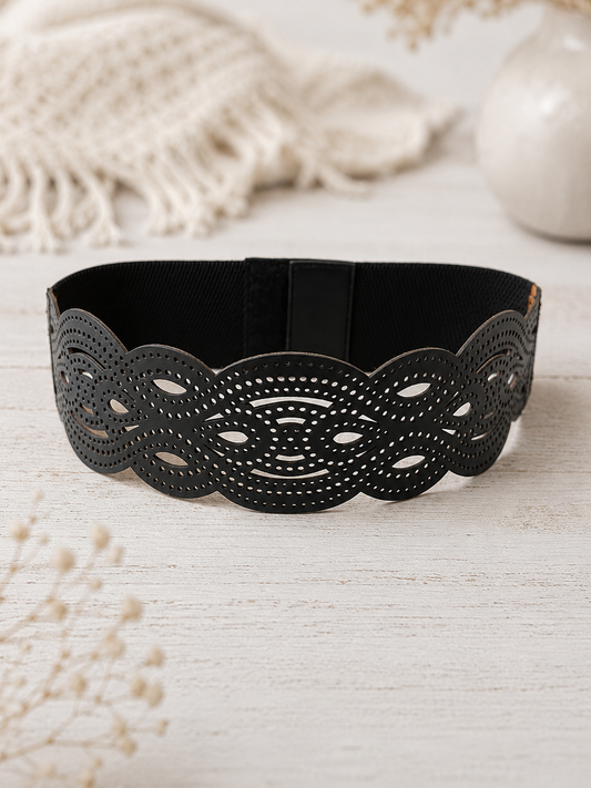Leather Unique Cutwork Reversible Wide Waist Belt - Black and Camel