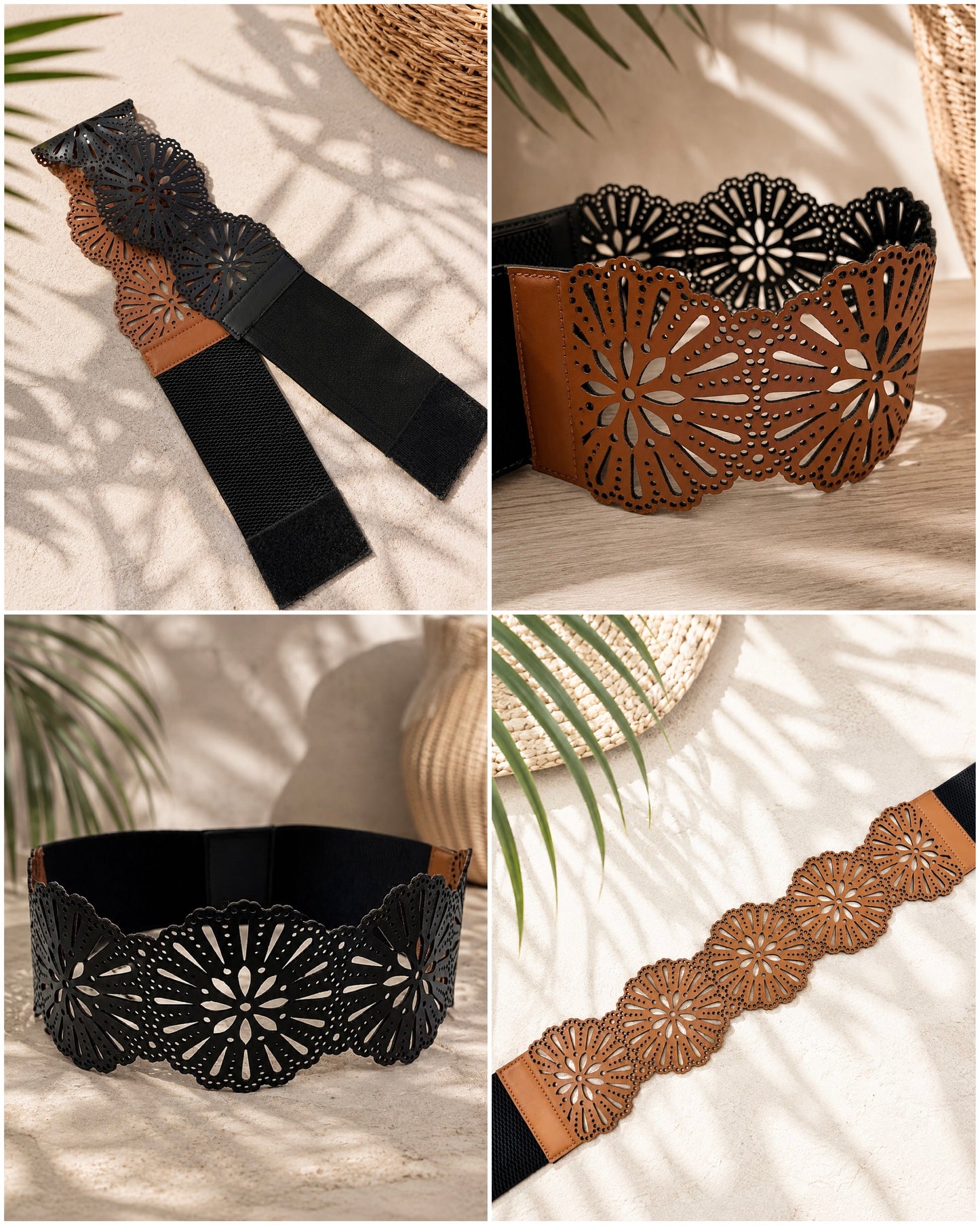 Leather Cutwork Reversible Wide Boho Waist Belt - Black and Camel