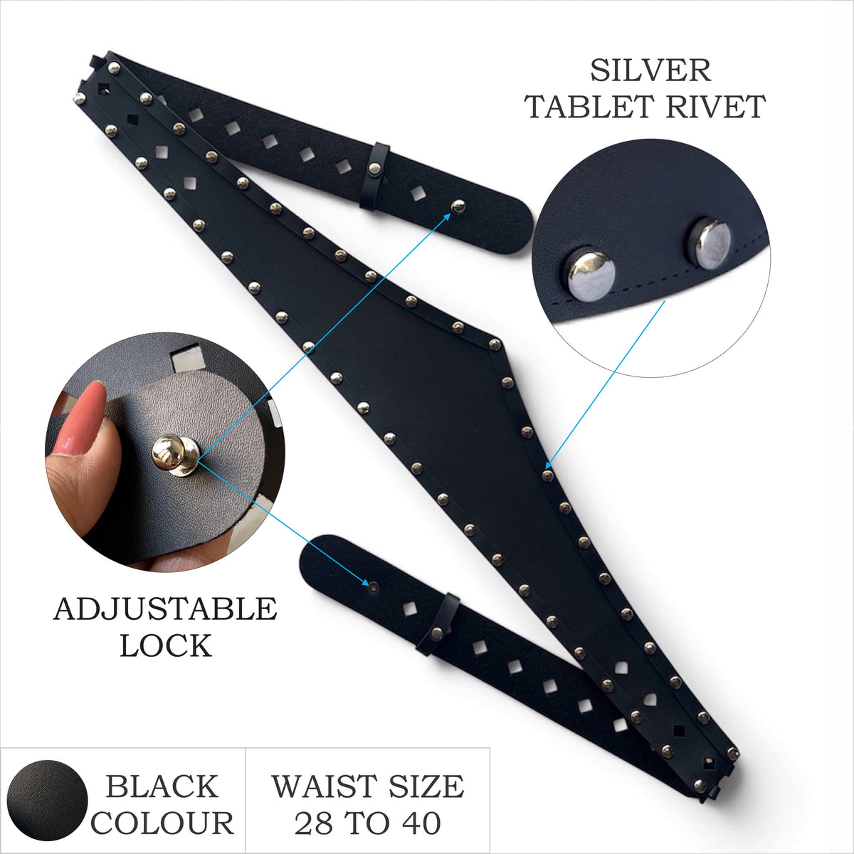 Women's Wide Leather Black Belt - Studded Waist Belt