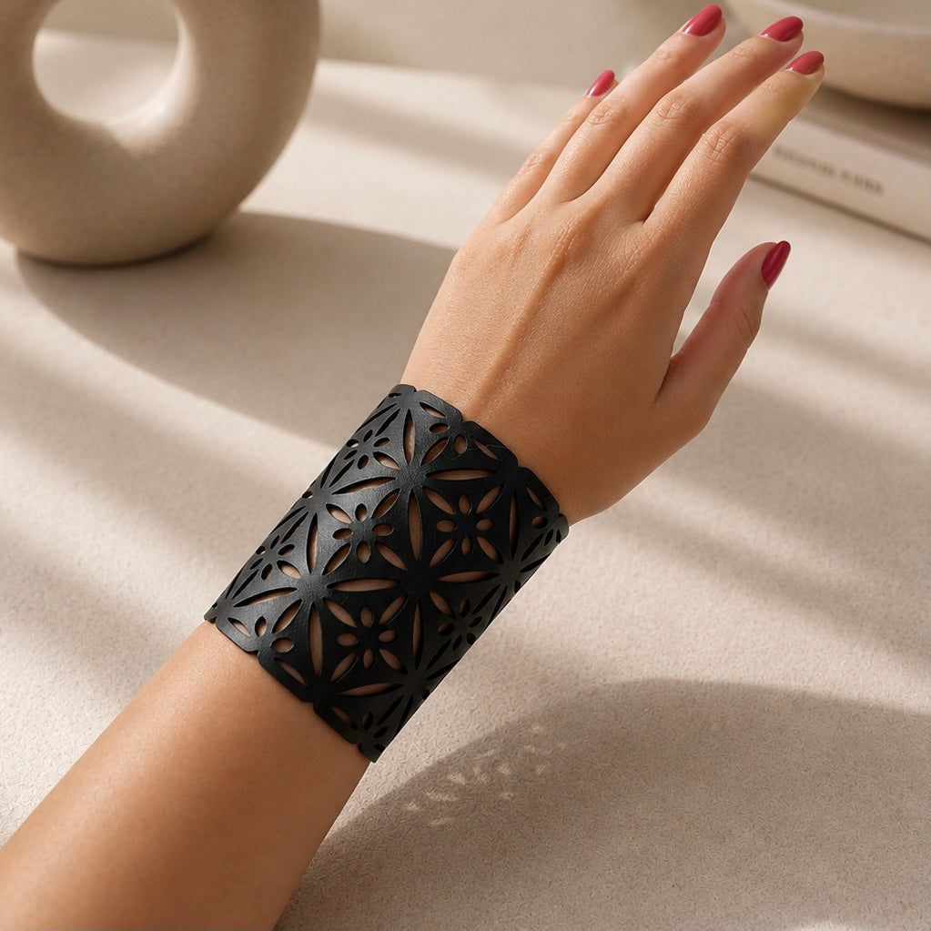 Leather Statement Cutwork Reversible Cuff Bracelet - Black and Camel