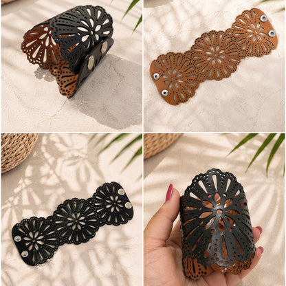 Leather Statement Cutwork Reversible Cuff Bracelet - Black and Camel