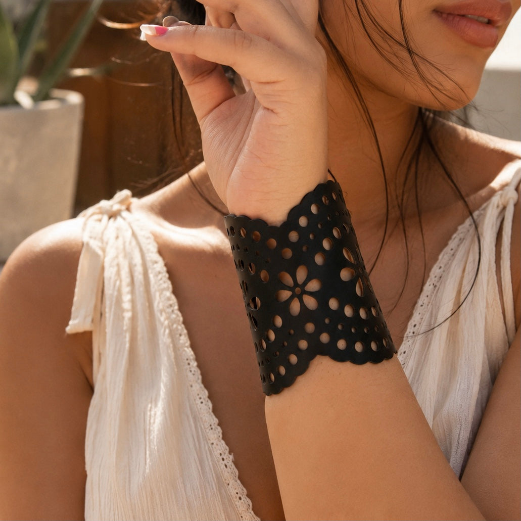 Leather Statement Cutwork Reversible Cuff Bracelet - Black and Camel